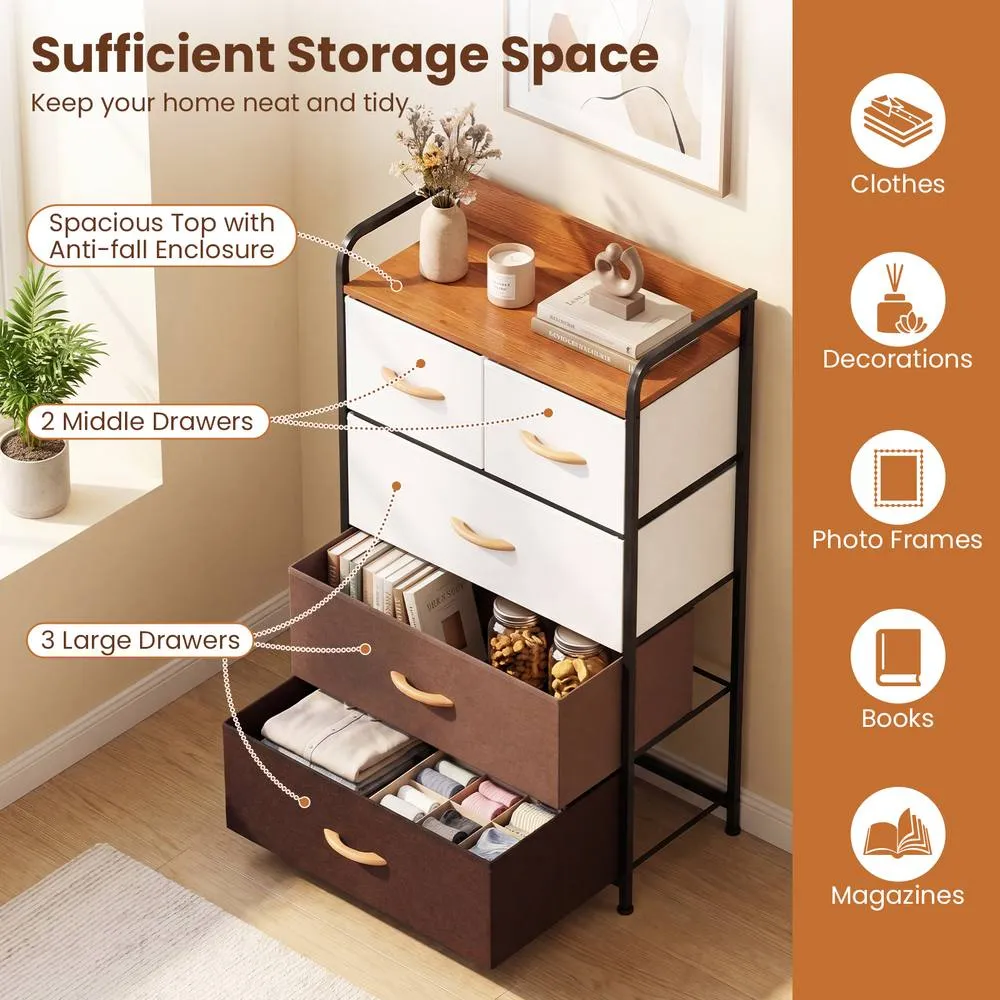 Costway 5-Drawer Fabric Dresser Tall Narrow Storage Tower Organizer With Metal Frame in Brown 6