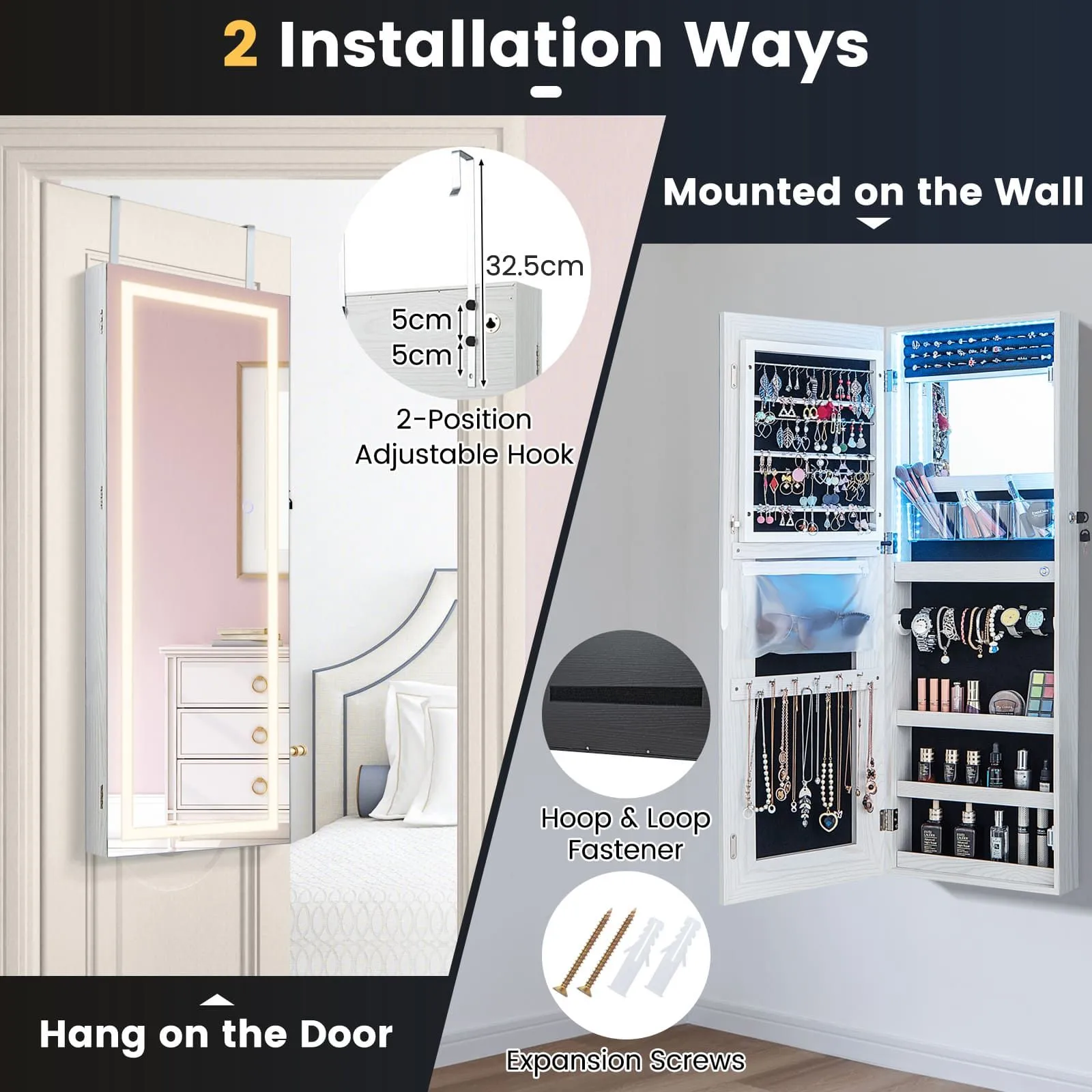 Costway 108cm Jewelry Mirror Cabinet Lockable Jewelry 3-Color LED Lights-White in White 6