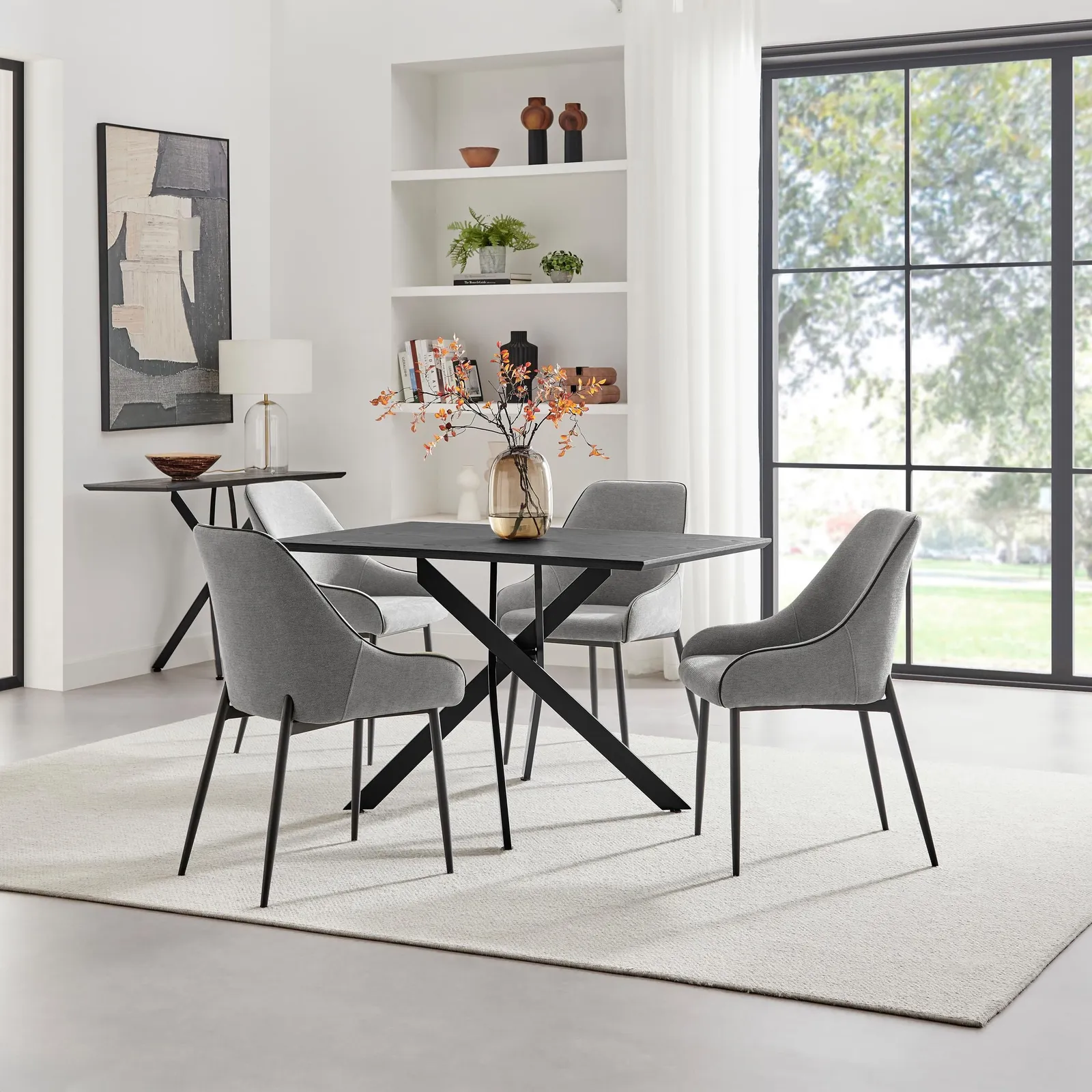 FurnitureboxUK Leonardo Black Top Dining Table & 4 Beaumont Grey Fabric Chairs 1
