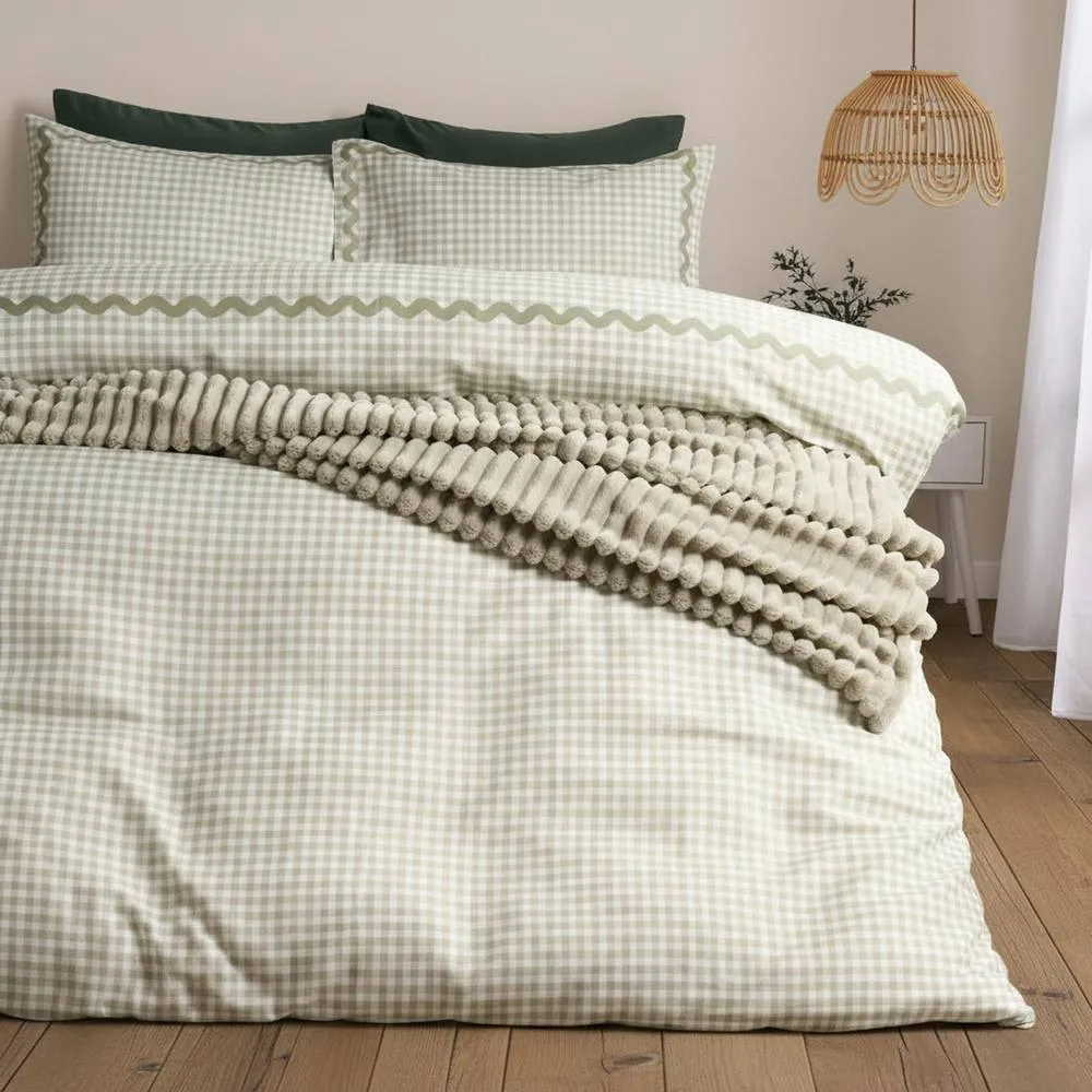 OHS Gingham Wave Border Bedding Set Microfibre Duvet Cover with Pillowcase in Pale Green