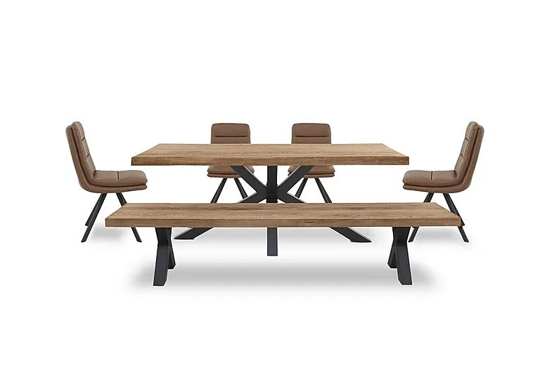 Njord Raw Edge Dining Table with Metal Star Base, Bench and 4 Tan Faux Leather Swivel Chairs - 220-cm - Storm Wood