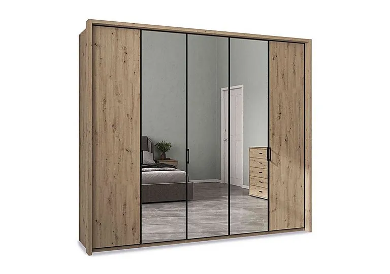 Dallas 257cm 5 Door Hinged Wardrobe with 3 Mirrors Doors - Bianco Oak