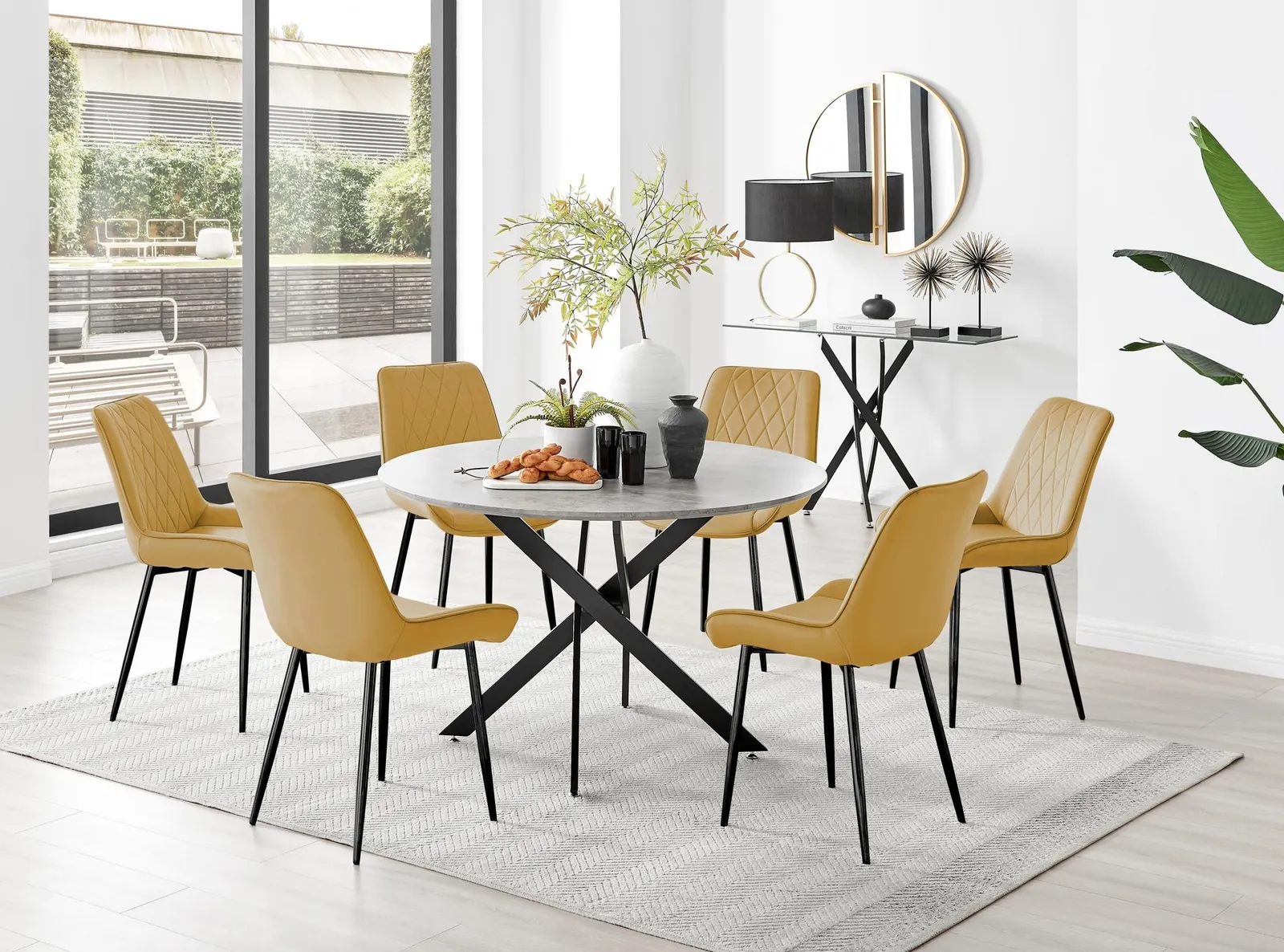 FurnitureboxUK Novara Grey Concrete Effect Black Leg 120cm Round Dining Table & 6 Pesaro Black Leg Chairs in Mustard 1