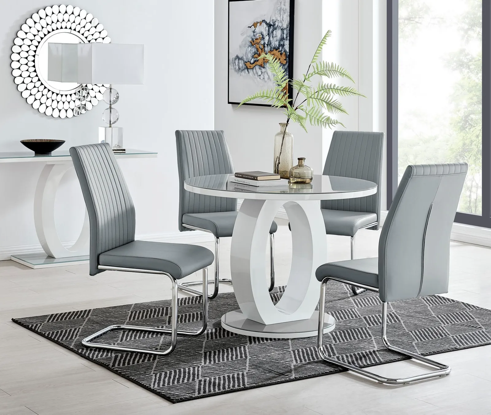 FurnitureboxUK Giovani Round 4 Seat 100cm White High Gloss Unique Halo Base Grey Glass Top Dining Table 4 Soft Faux Leather Lorenzo Chairs in Mustard 1