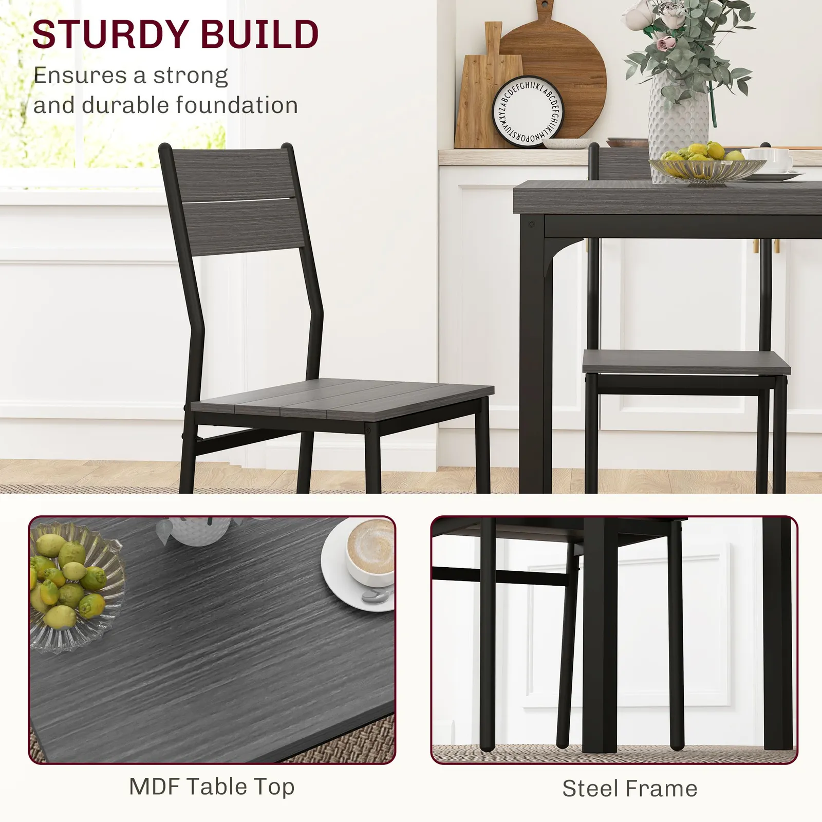 HOMCOM 3 Pcs Compact Dining Table 2 Chairs Set in Grey 6