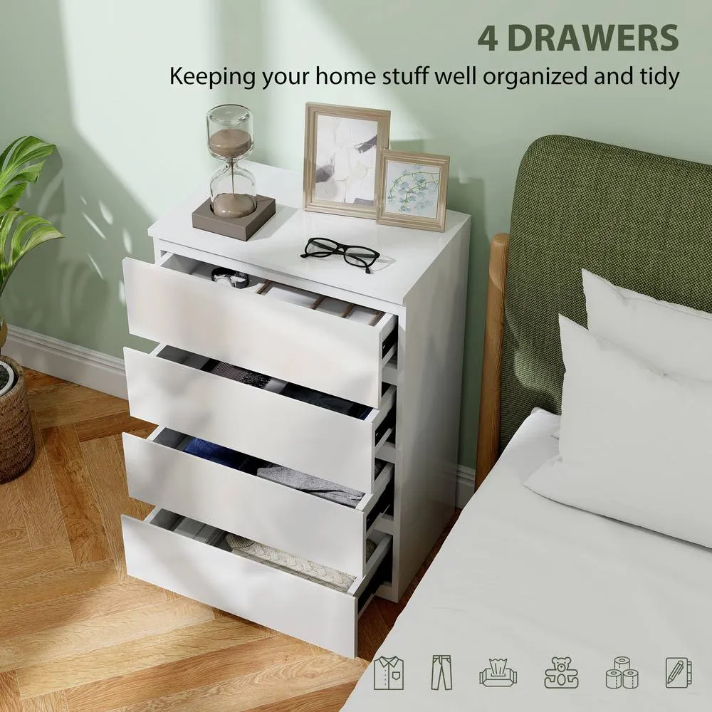 HOMCOM Bedroom Chest of Drawers, High Gloss 4 Drawers Dresser, White 4