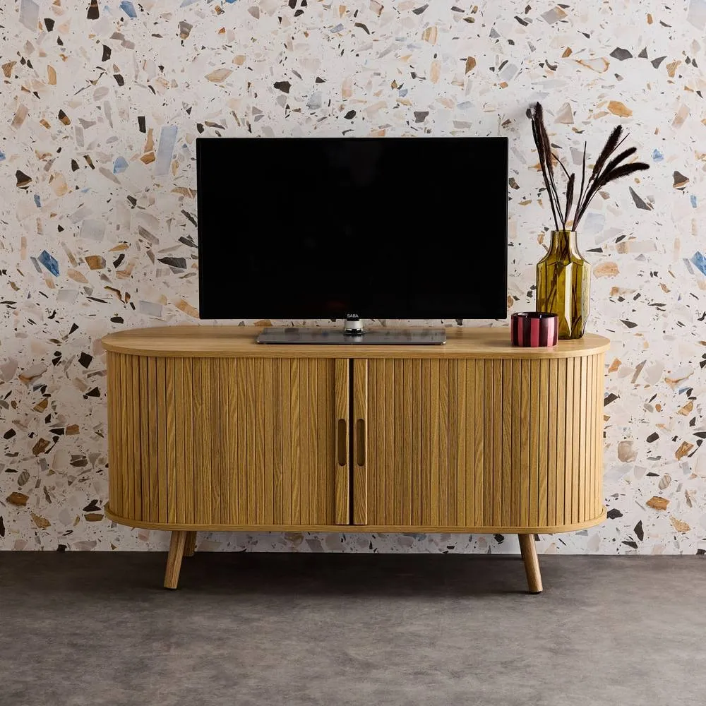 sweeek 120cm Scandi-style Tv Unit With Grooved Wooden Effect & 2 Sliding Do in Light Brown
