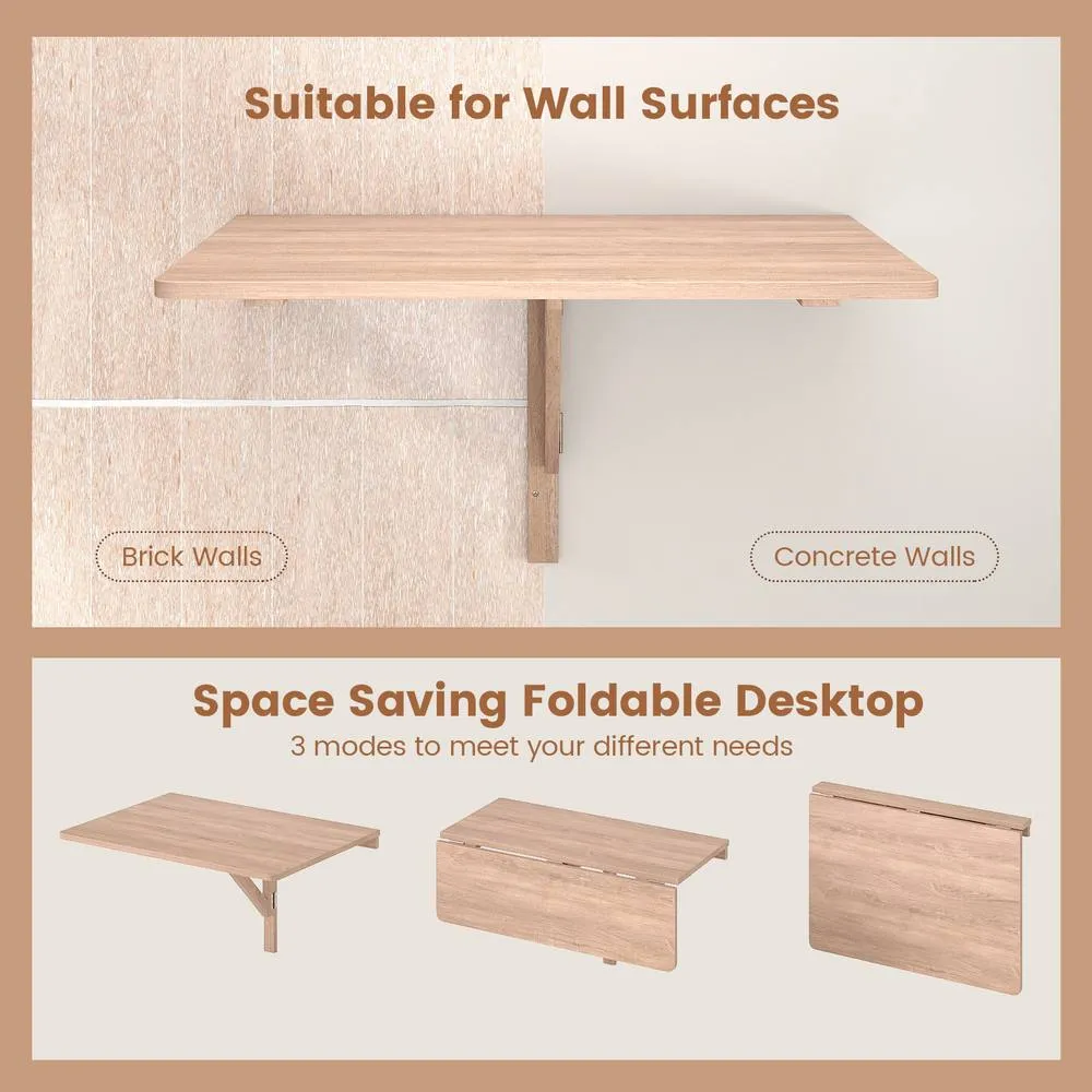 Costway Wall Mounted Wooden Folding Table 80x60cm Drop-Leaf Writing Desk in Natural 6