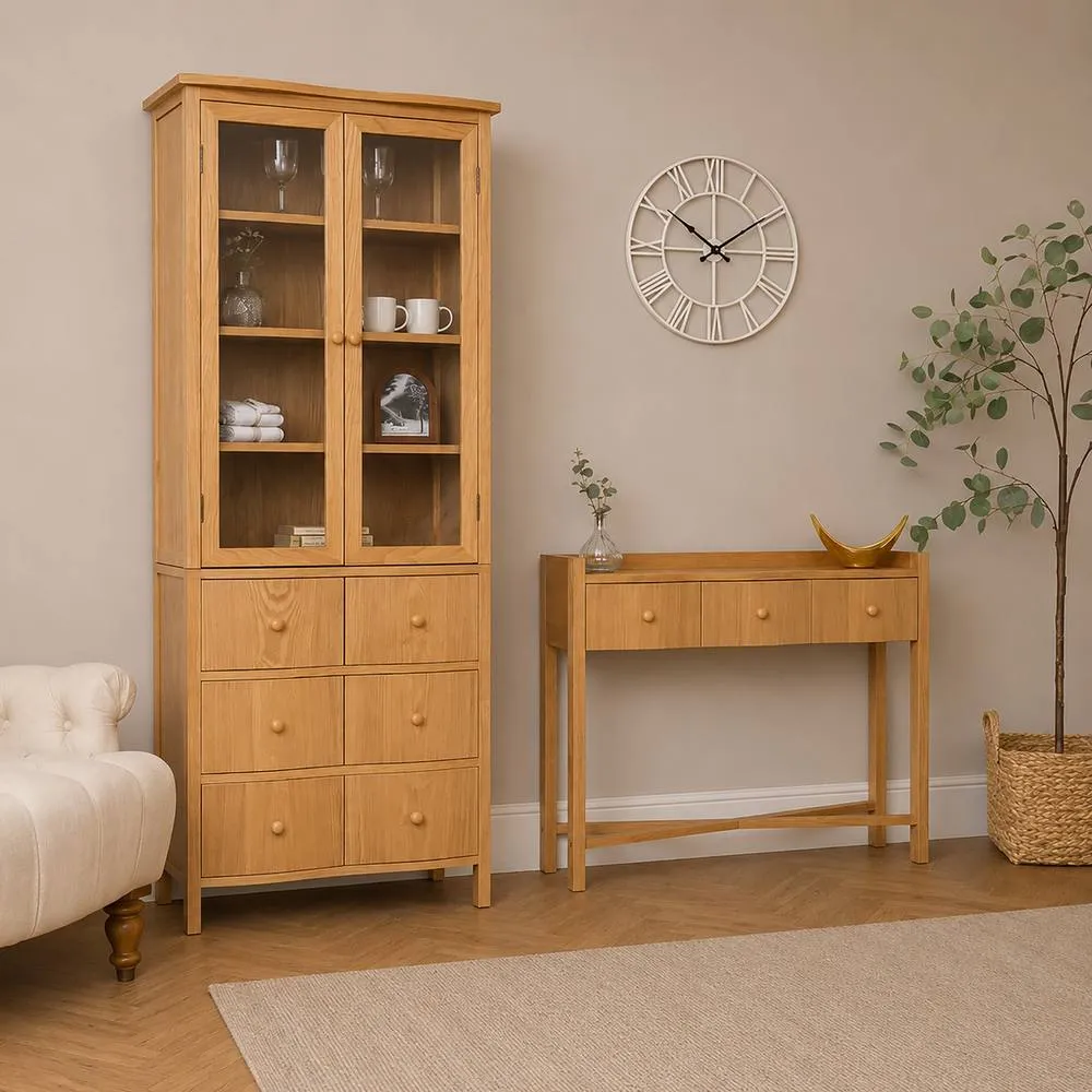 Melody Maison 3 Drawer Console Table With Hessian & Glass Top - Austin Wood Range in Brown 6
