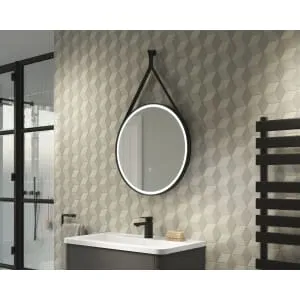 Edmonton Colour Changing Matt Black LED Hanging Mirror with Leather Strap - 600mm 2