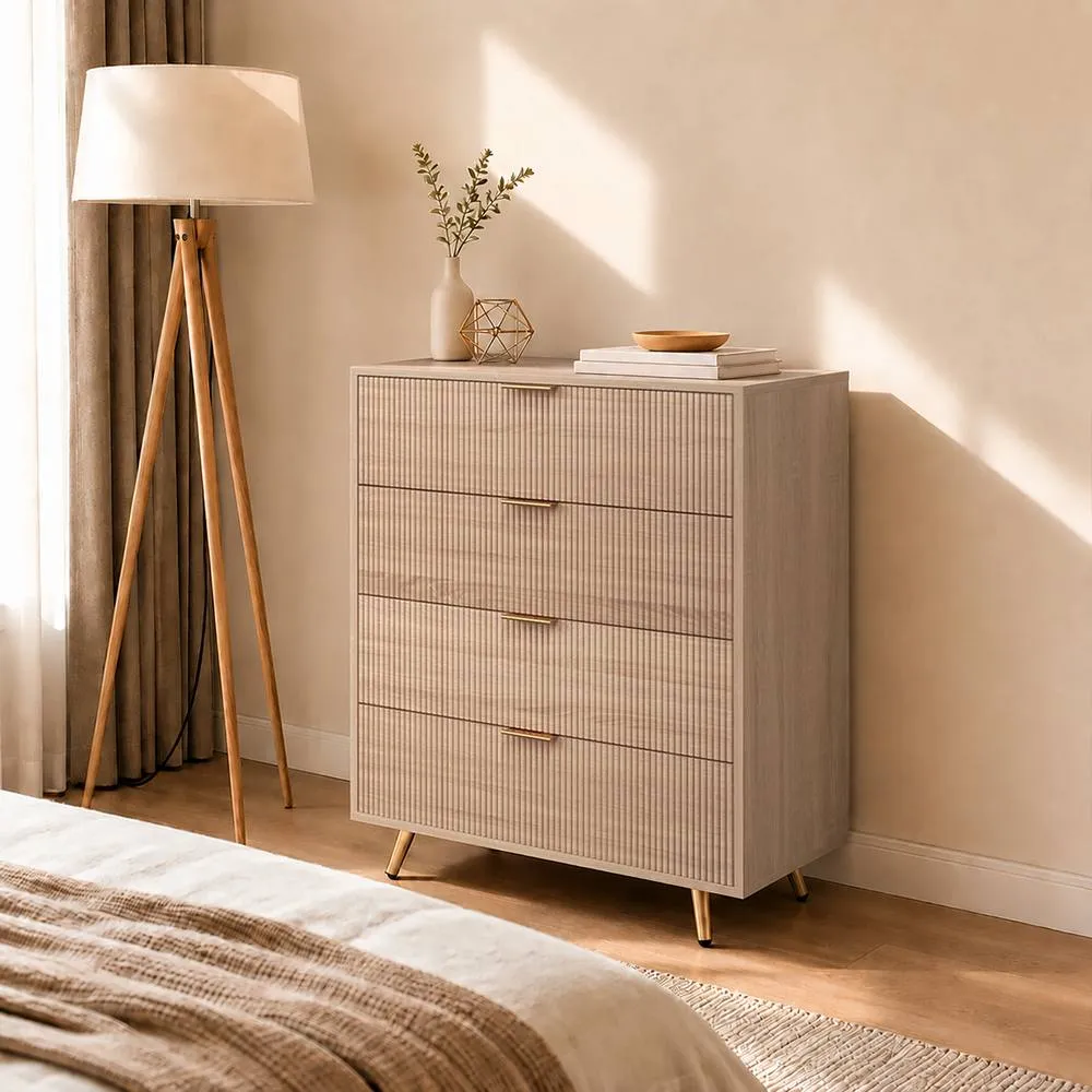 HOMCOM Bedroom Chest of Drawers with 4 Drawers & Gold-Tone Handles Natural 2