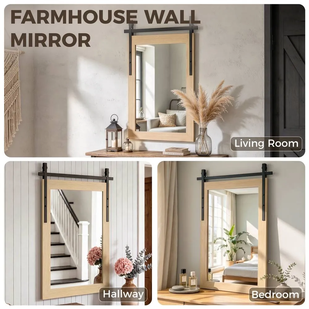 HOMCOM Farmhouse Rectangle Mirror, 110 x 66 cm, White Oak in Natural 4