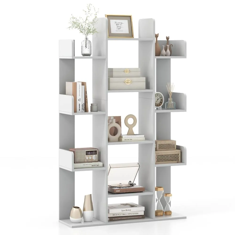 Costway Wooden Bookshelf Tall Bookcase Corner Storage Organizer Display Shelf in Grey