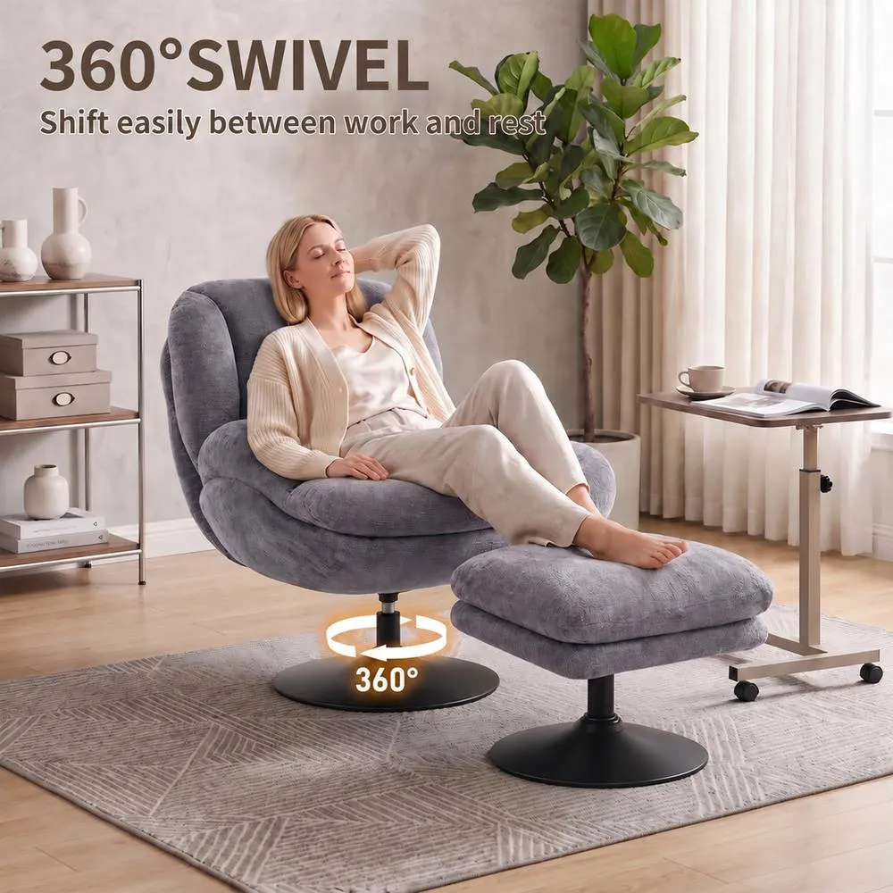 HOMCOM Chenille Lazy Chair with Ottoman, 360° Swivel, Dark Grey 5