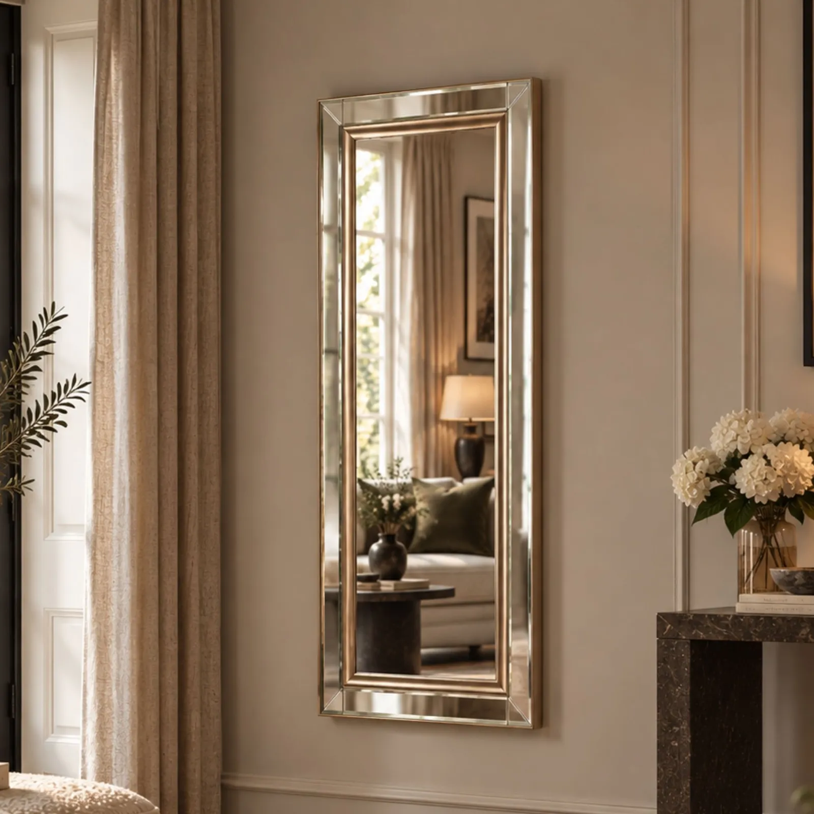 Yearn Mirrors Champagne framed bevelled mirror 136x45.5cm in Silver 2