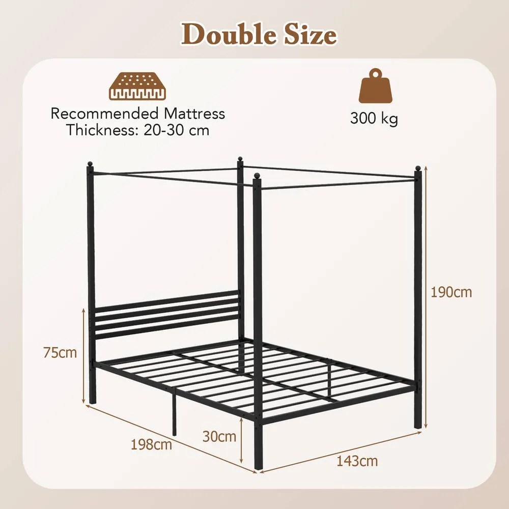 Costway Double Size Canopy Bed Frame 200x140cm Metal Platform Bed w/ Headboard in Black 2