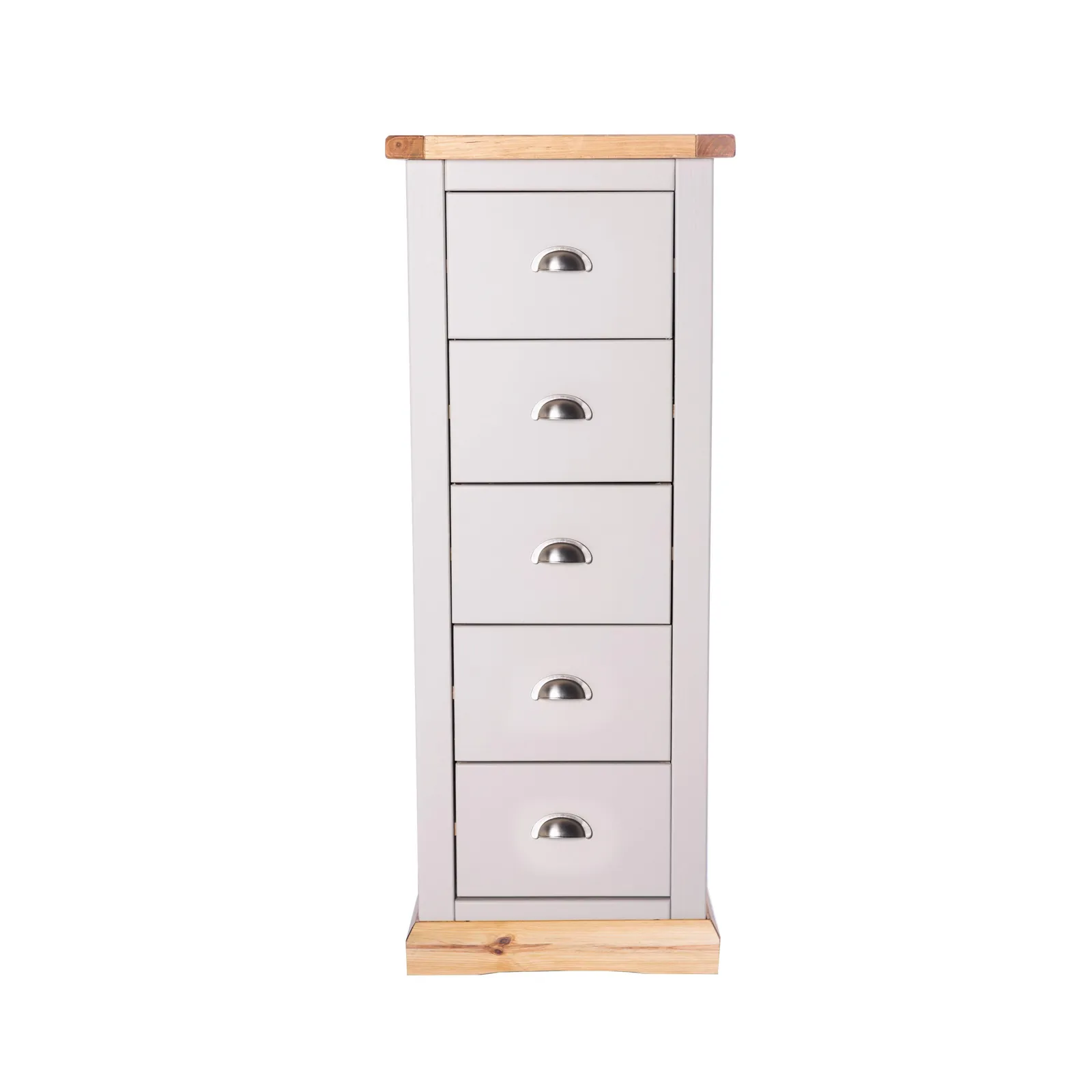 Cabinet Bits Bomporto 5 Drawer Narrow Chest of Drawers Chrome Cup Handle in Light Grey