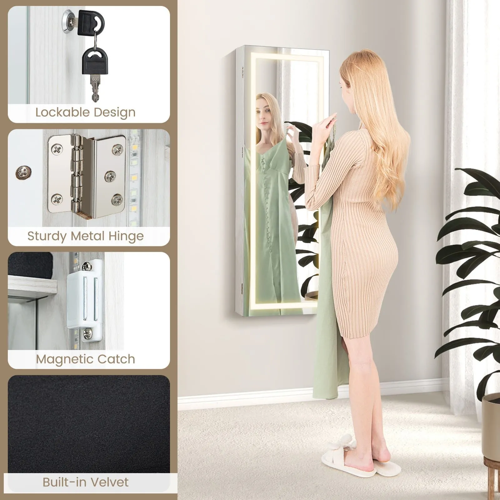 Costway 108cm Jewelry Mirror Cabinet Lockable Jewelry 3-Color LED Lights-White in White 3