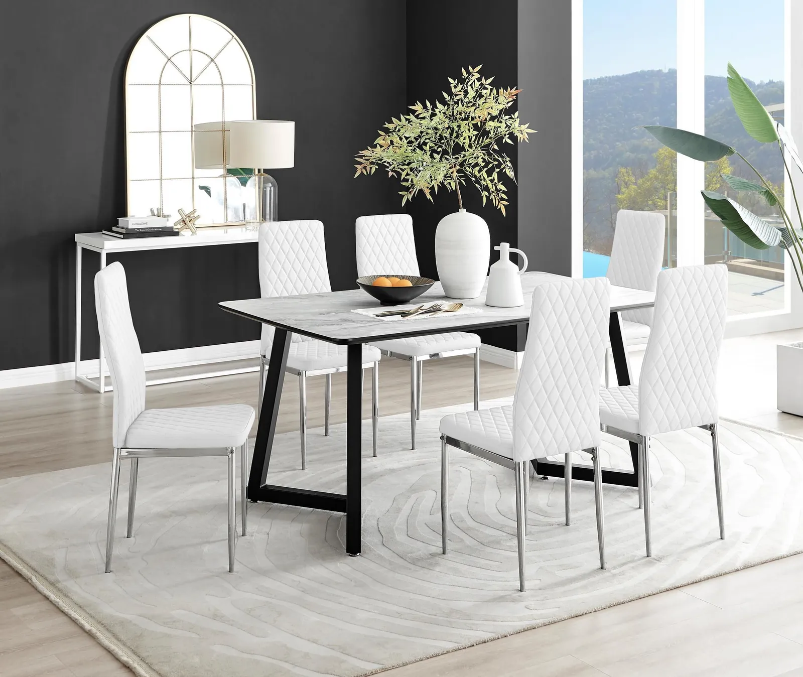 FurnitureboxUK Carson White Marble Effect Dining Table & 6 Milan Chrome Leg Chairs 1