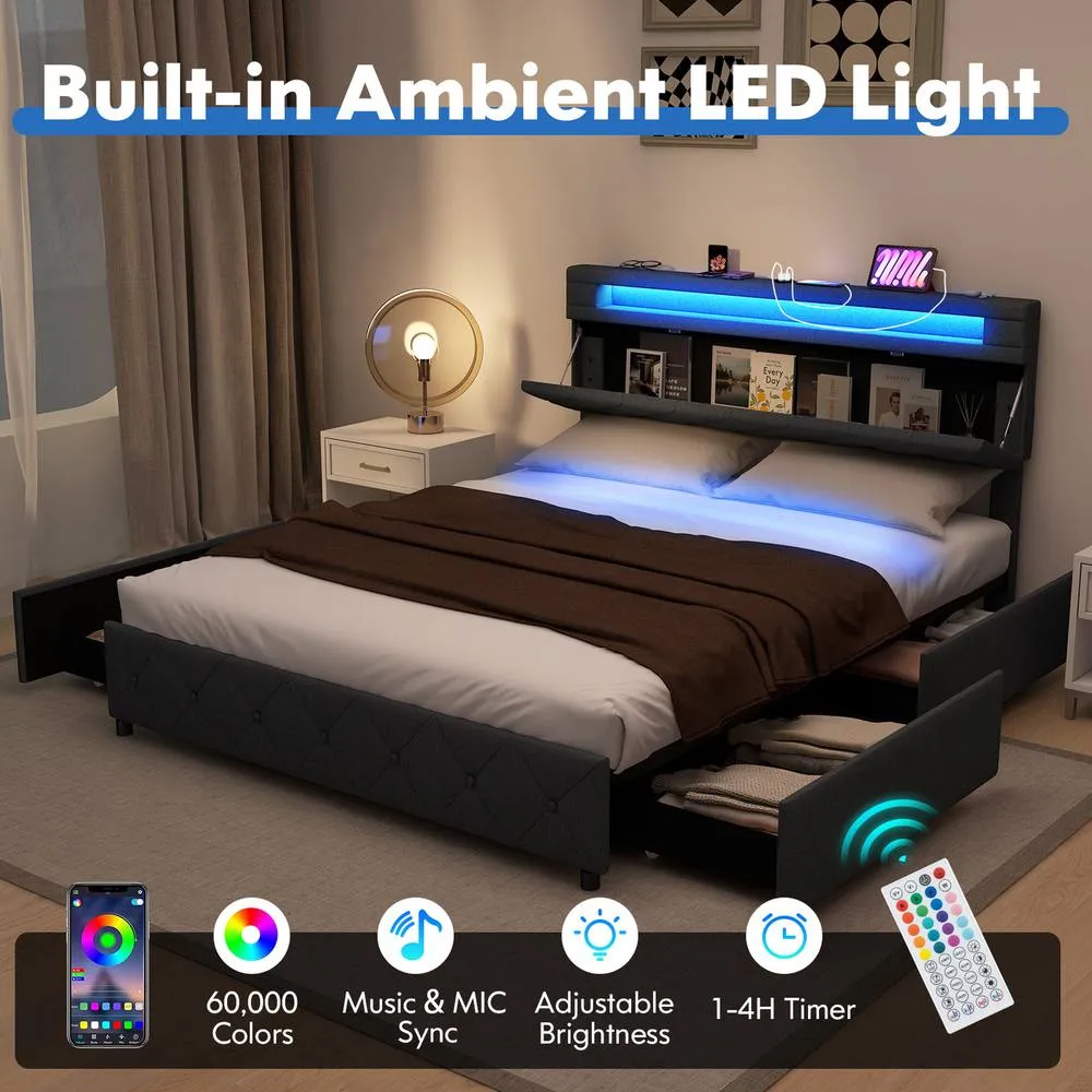 Costway King Size Modern Upholstered Bed Frame with Led Lights in Grey 3