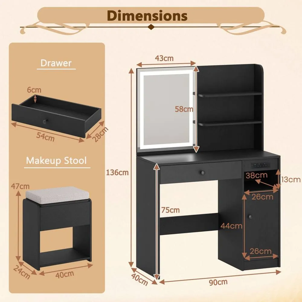 Costway Wooden Vanity Desk w/ Stool Makeup Dressing Table w/Mirror & Lights in Black 4