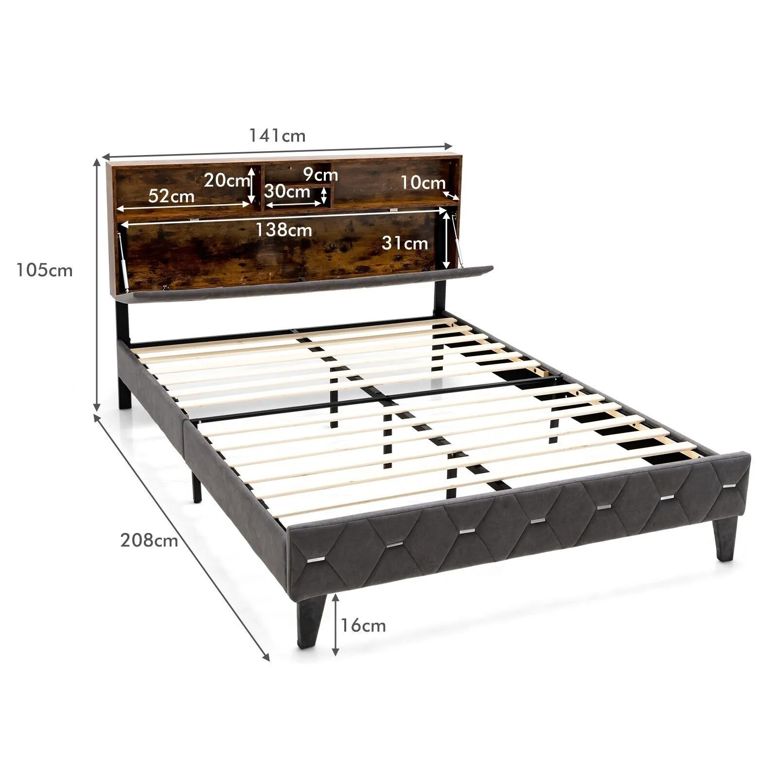 Costway Double Size Bed Frame Upholstered Platform Bed W/ Storage Headboard in Grey 2