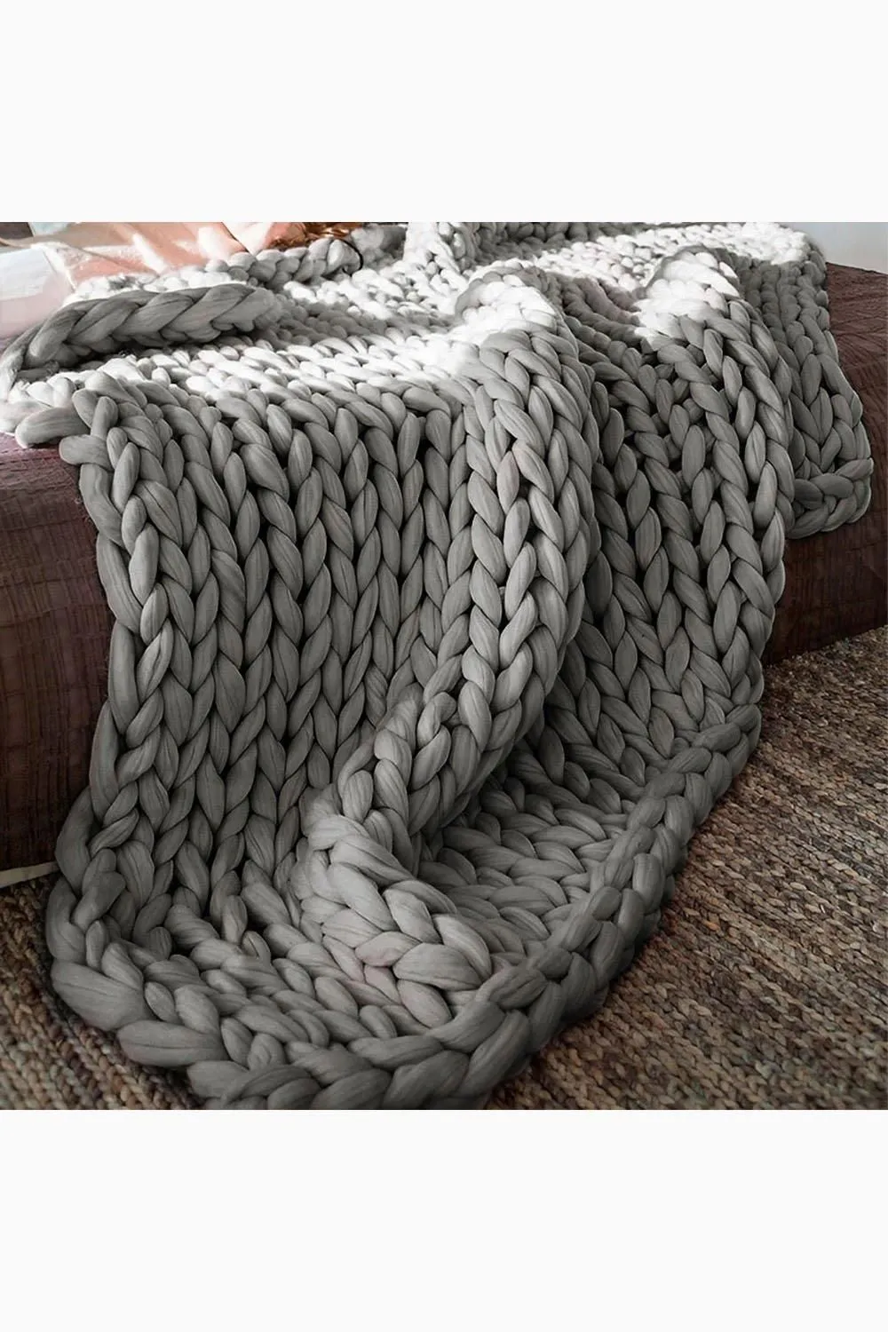 H&O Direct Chunky Knit Throw Blanket Handwoven Home Decor in Grey