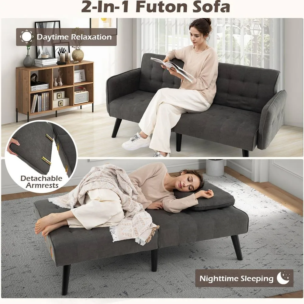 Costway 164 CM Convertible Futon Sofa Bed Couch Loveseat W/ Backrests Grey 5