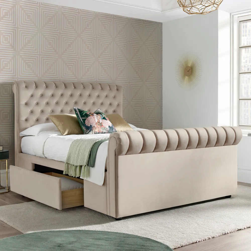 Deacon Warm Stone Velvet Fabric 2 Drawer Sleigh Bed - 4ft6 Double