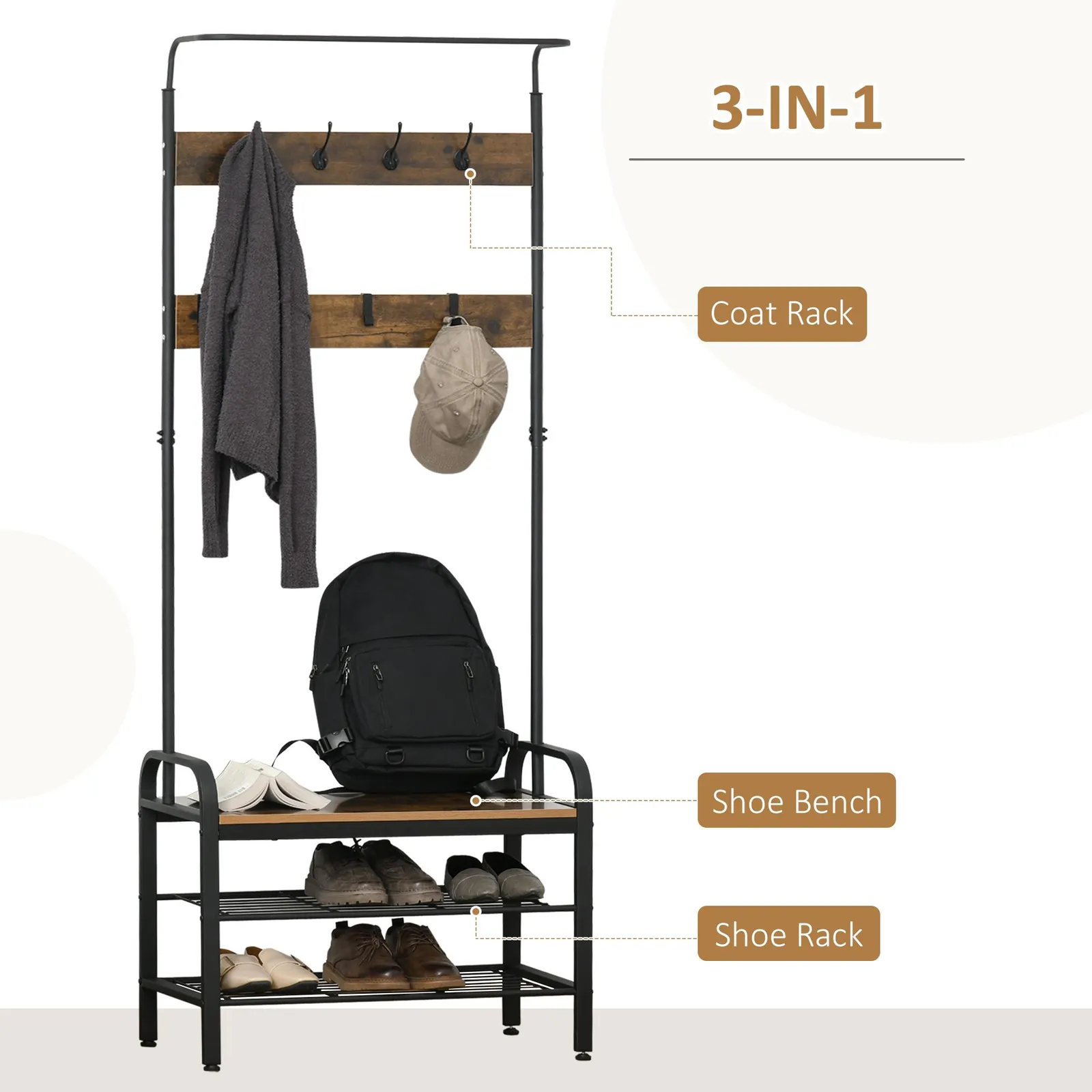 HOMCOM Industrial Coat Rack Stand Shoe Bench 8 Hooks Storage Cabinet in Brown 4