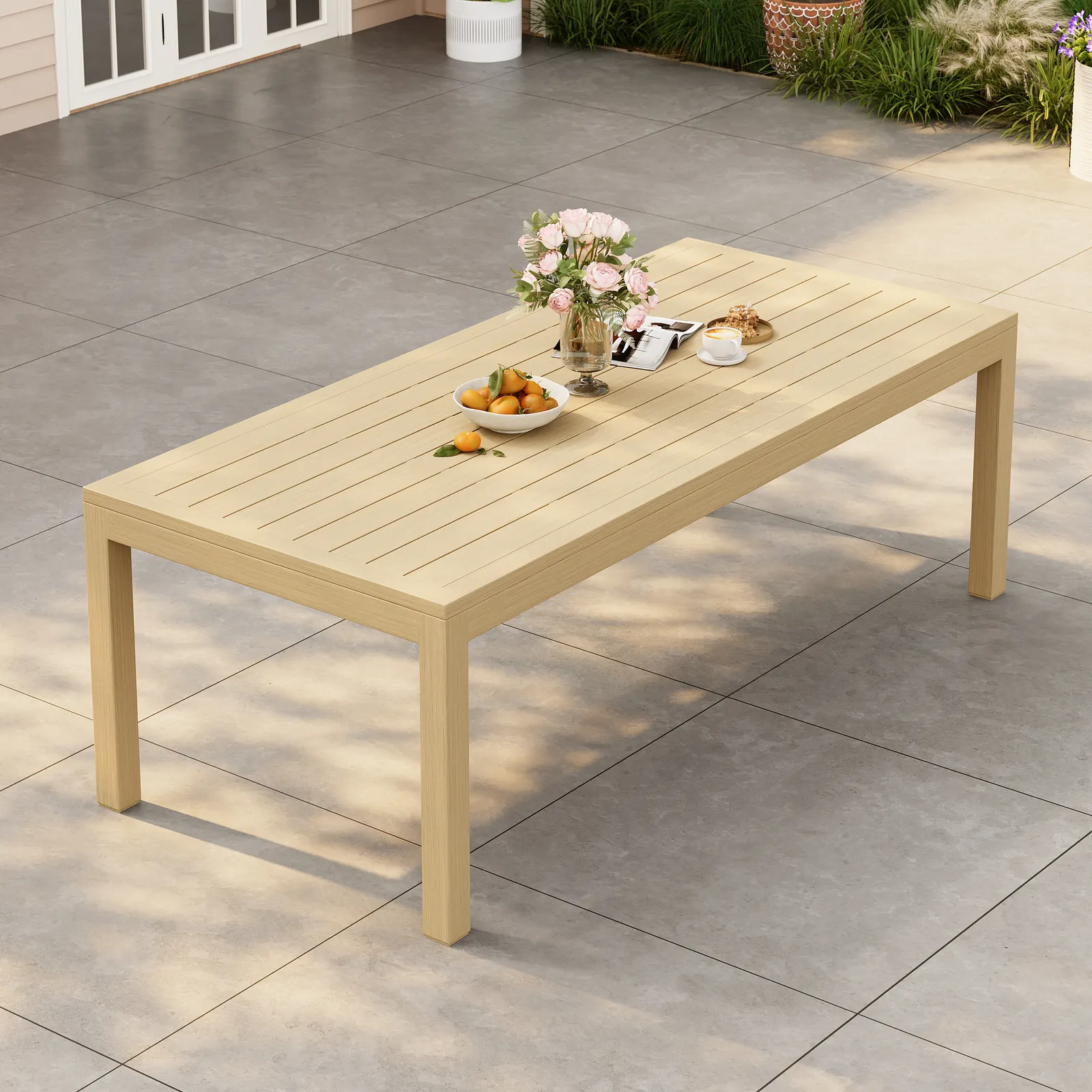 Wevara 220 cm Natural-Finished Aluminum Slatted Outdoor Dining Table in Natural