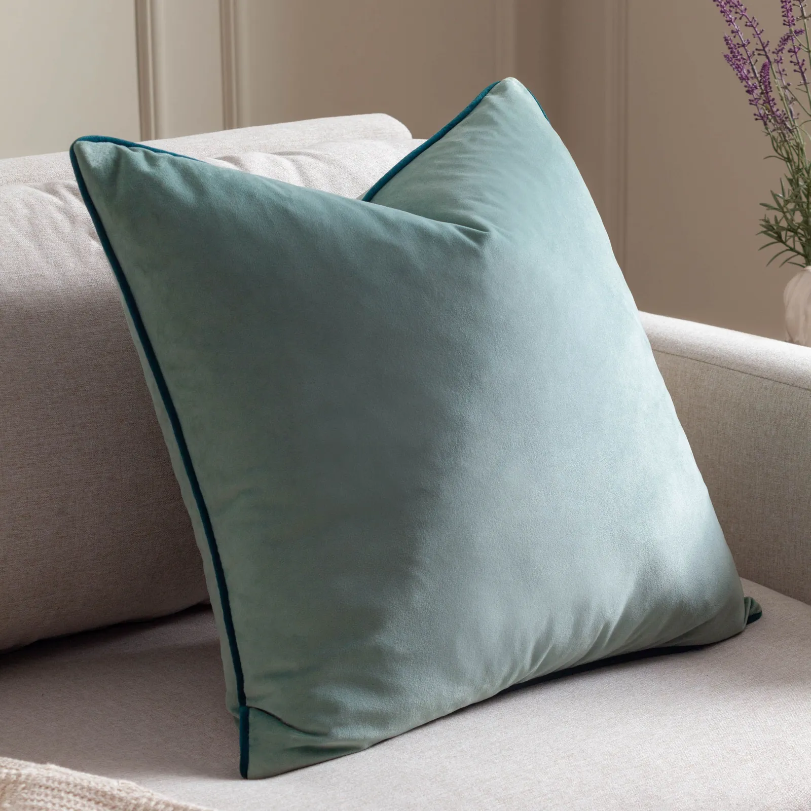 Furn Meridian Velvet Piped Cushion in Mint