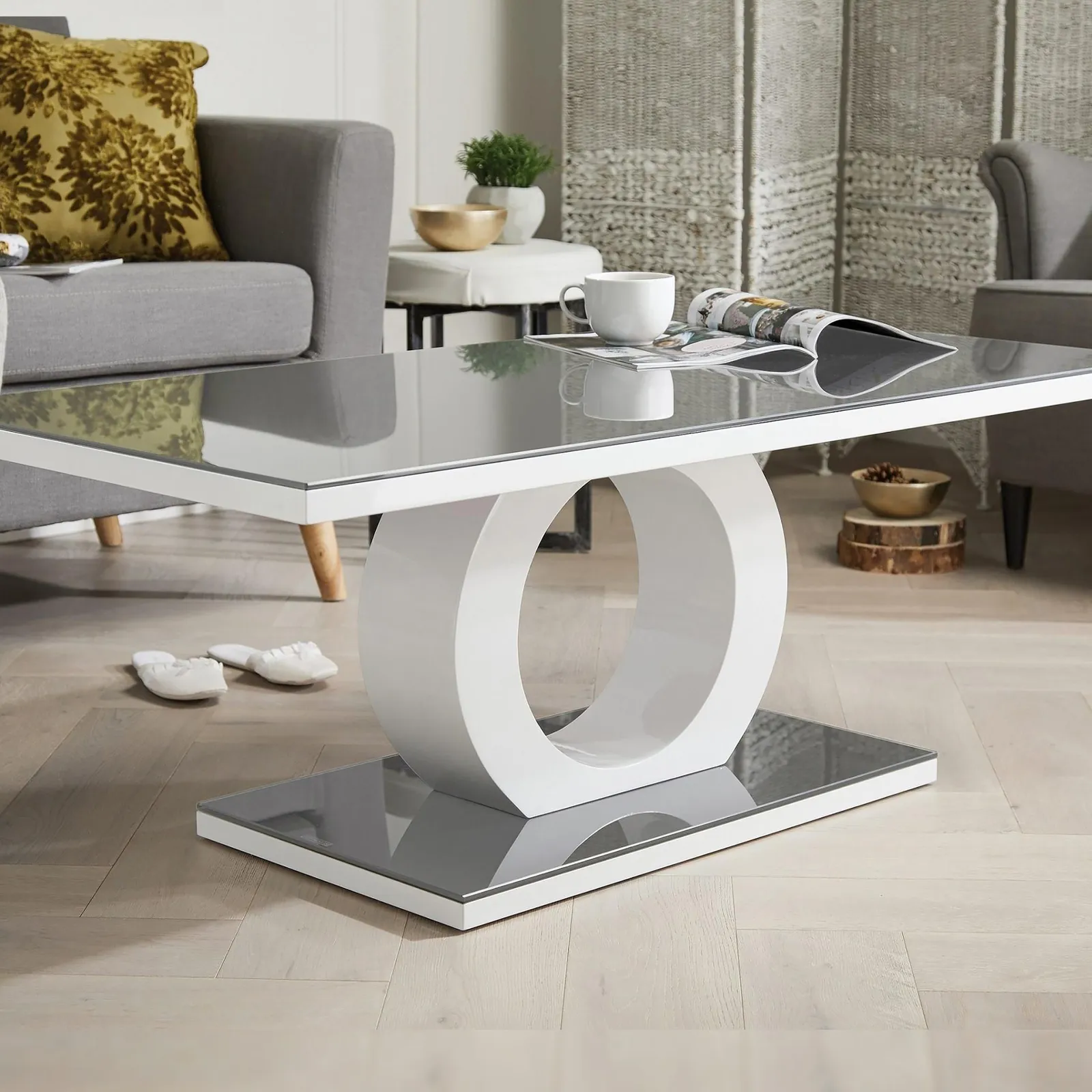 FurnitureboxUK Giovani Rectangular White High Gloss Coffee Table with Glass Top & Unique Halo Structural Plinth Base Design in Grey 1