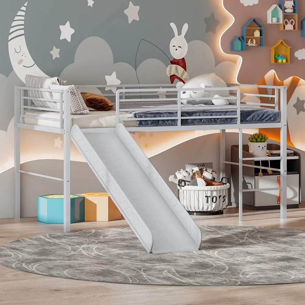Costway Loft Bed Single Size Low Loft Bed Steel Frame w/Safety Guardrails in Silver