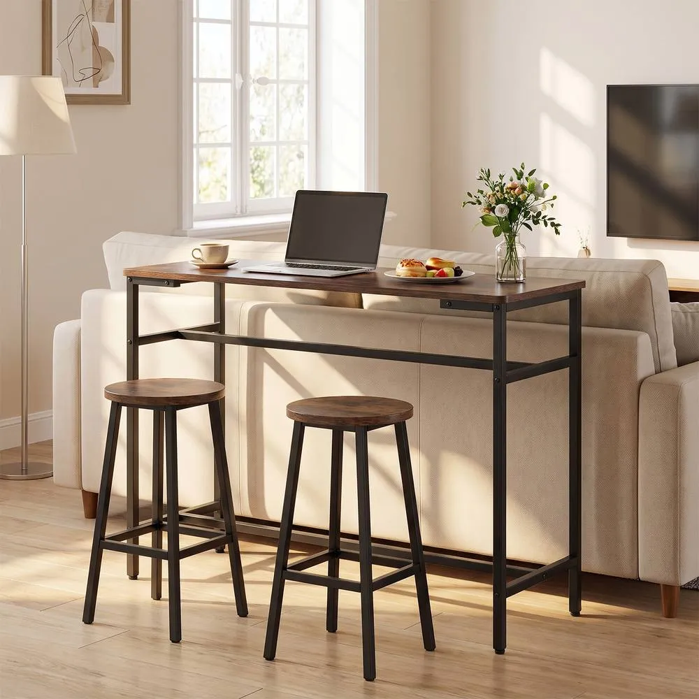 Costway 100 cm Long Bar Table Industrial Counter Height Table With Footrest in Brown 3