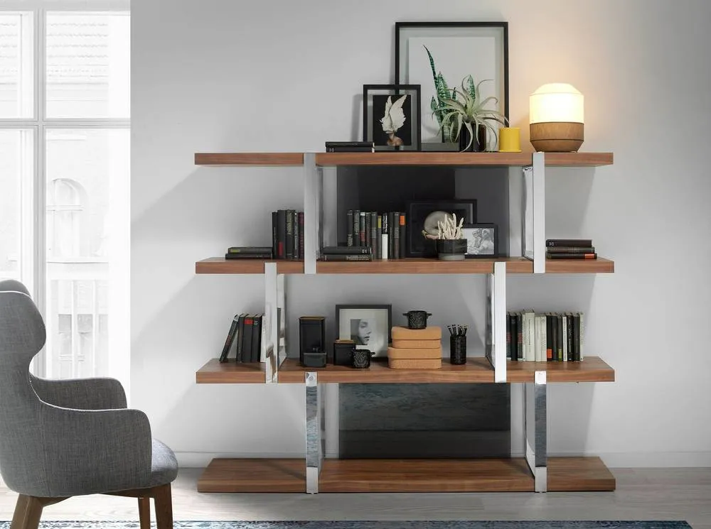 Angel Cerda Walnut Bookcase with Black Glass Dividers Model in Brown 6
