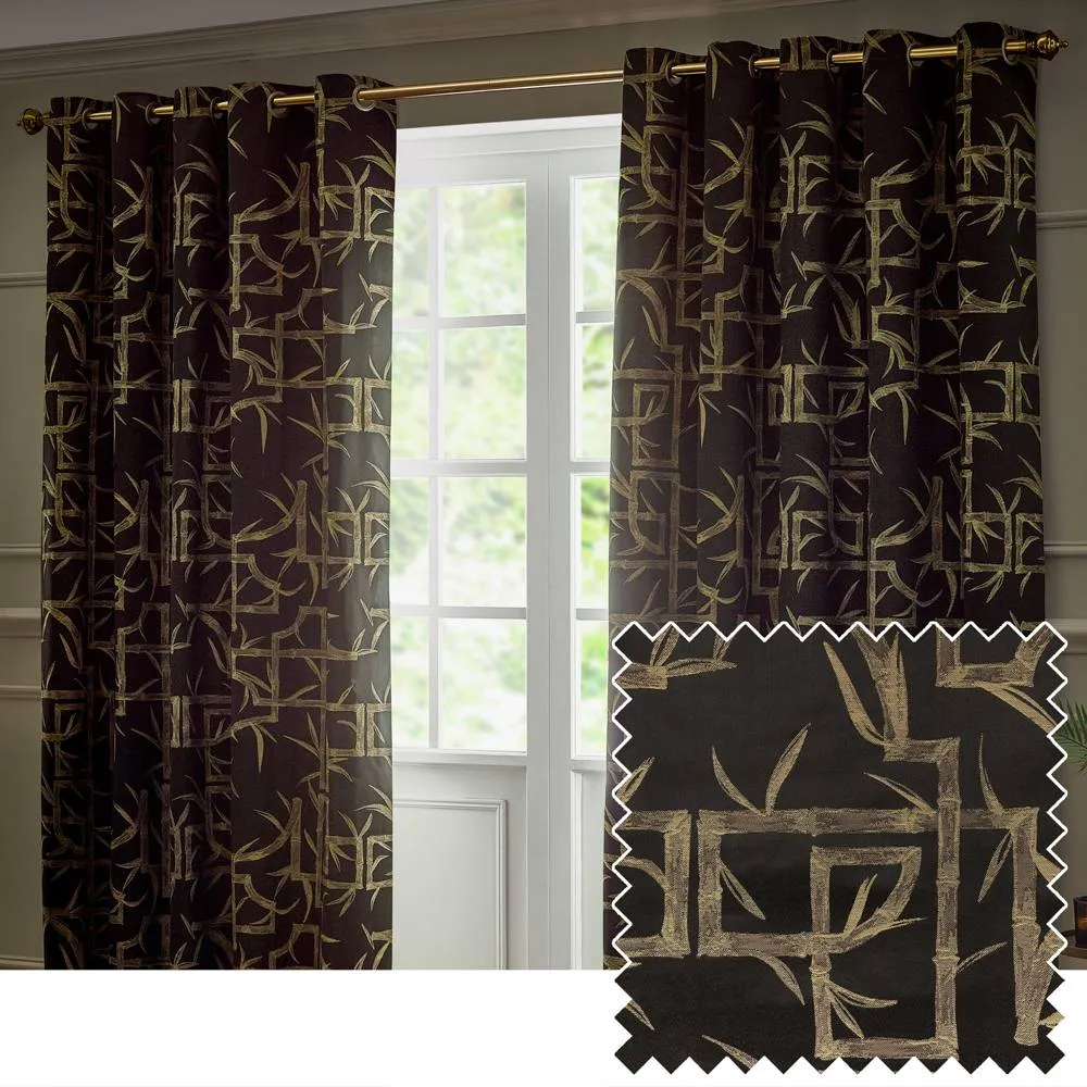 Paoletti Bamboo Fully Lined Jacquard Eyelet Curtain Pair in Black 1
