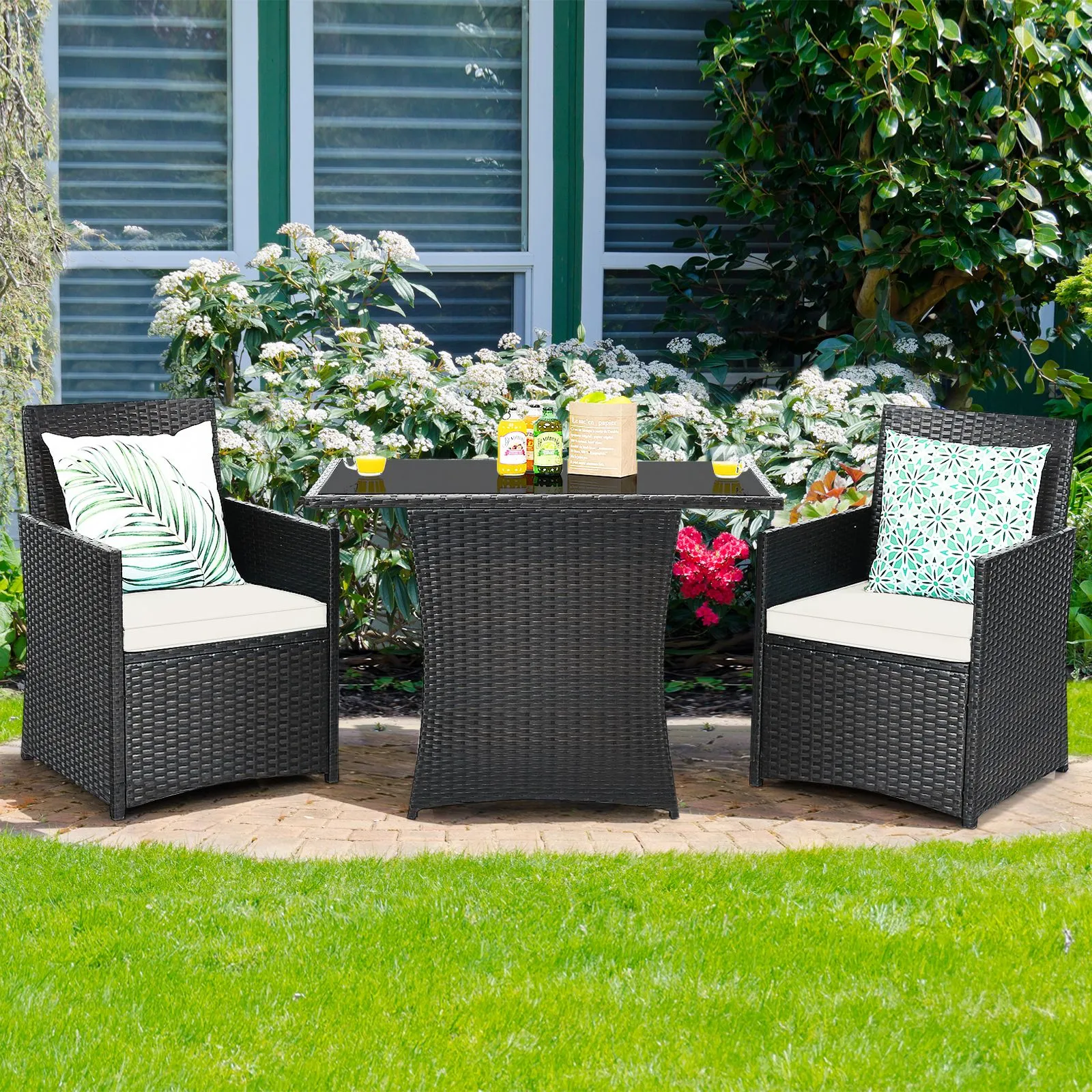 Costway 3 Pcs Patio PE Wicker Set w/ Coffee Table Garden Furniture Set in White 5