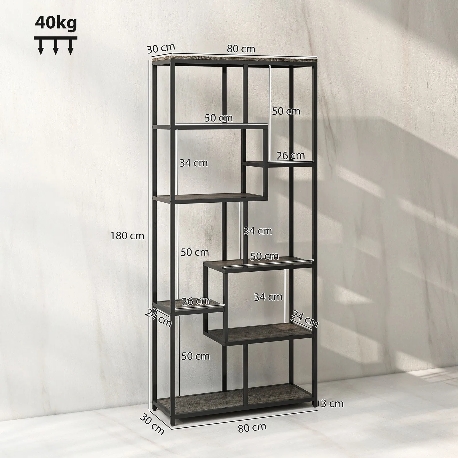 HOMCOM Industrial Bookcase 7-Tier Bookshelf Shelving Unit Grey Black 3