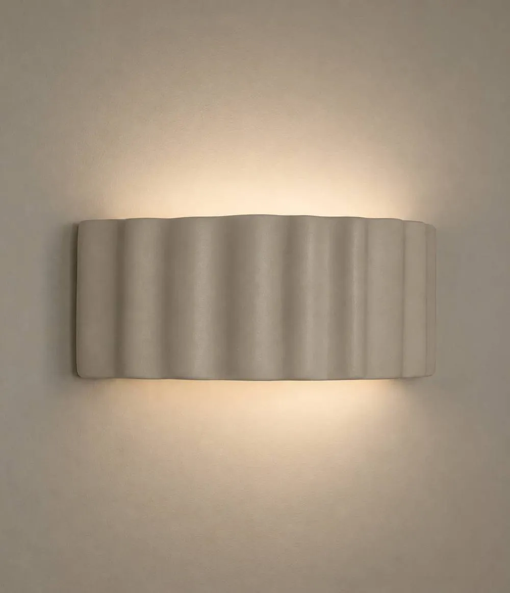 ValueLights Pablo Curved Ribbed Ceramic Flush Wall Sconce Light in Light Grey 2