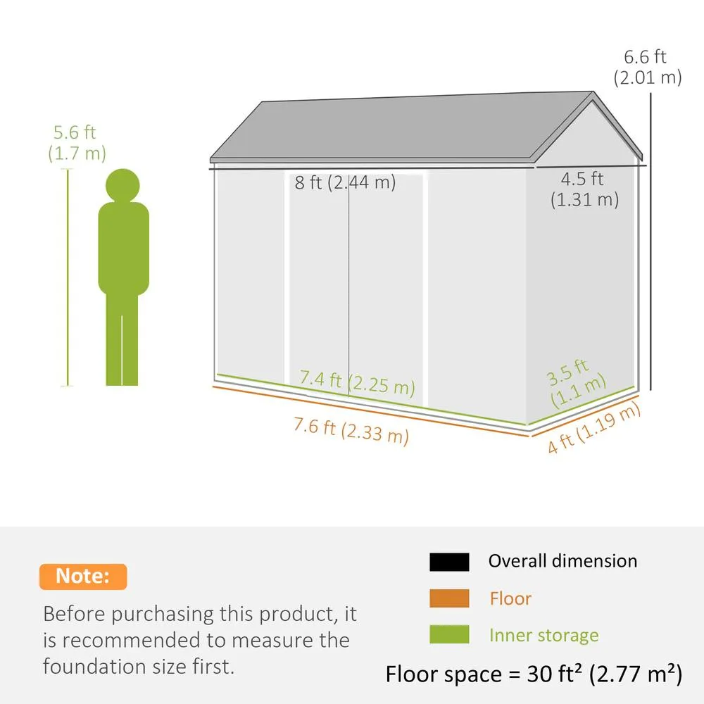 OUTSUNNY 8 x 4 ft Resin Garden Shed with Floor, Lockable Doors in Light Grey 3
