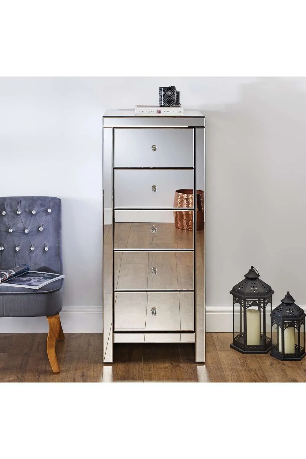 Birlea Seville 5 Drawer Narrow Chest Mirrored in Silver 2