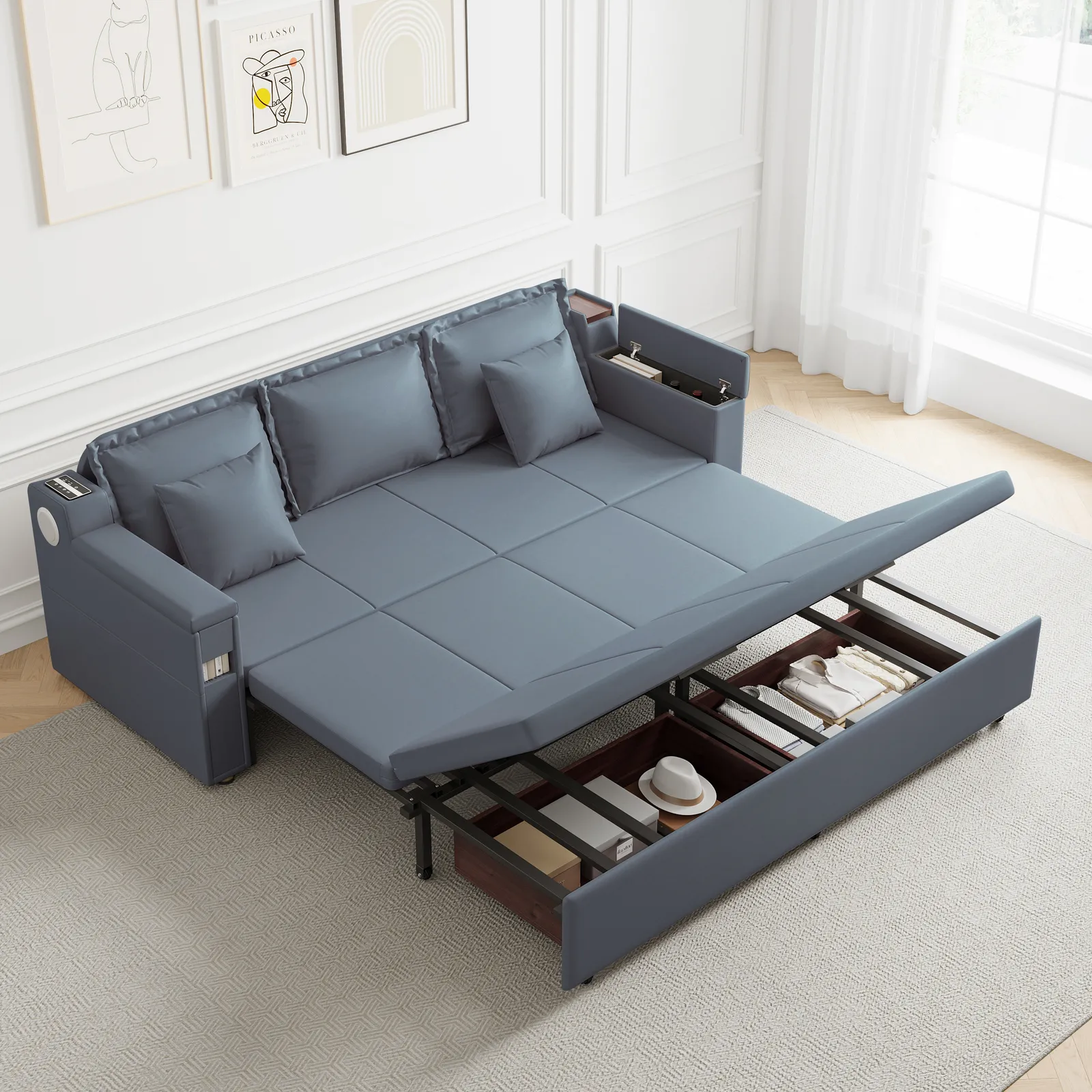2100mm Convertible Bed Full Sleeper Sofa Leath-aire Upholstered Storage with Speaker