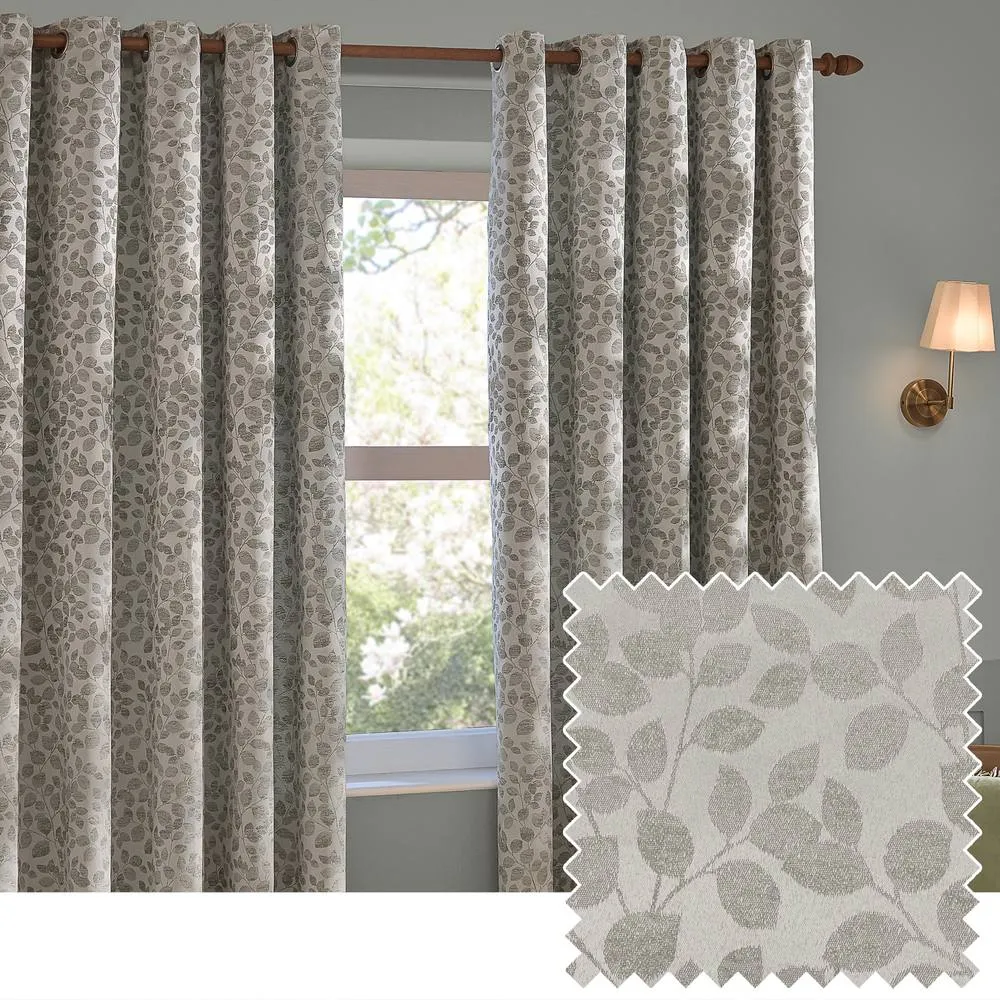 Wylder Grace Leaf Jacquard Room Darkening Eyelet Curtains Mist Grey 117Cm Width 137Cm Drop, Grey