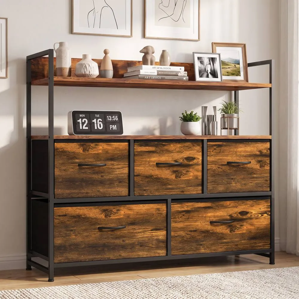 HOMCOM Bedroom Chest of Drawers 5 Drawer Dresser w/ Shelves, Rustic Brown 2