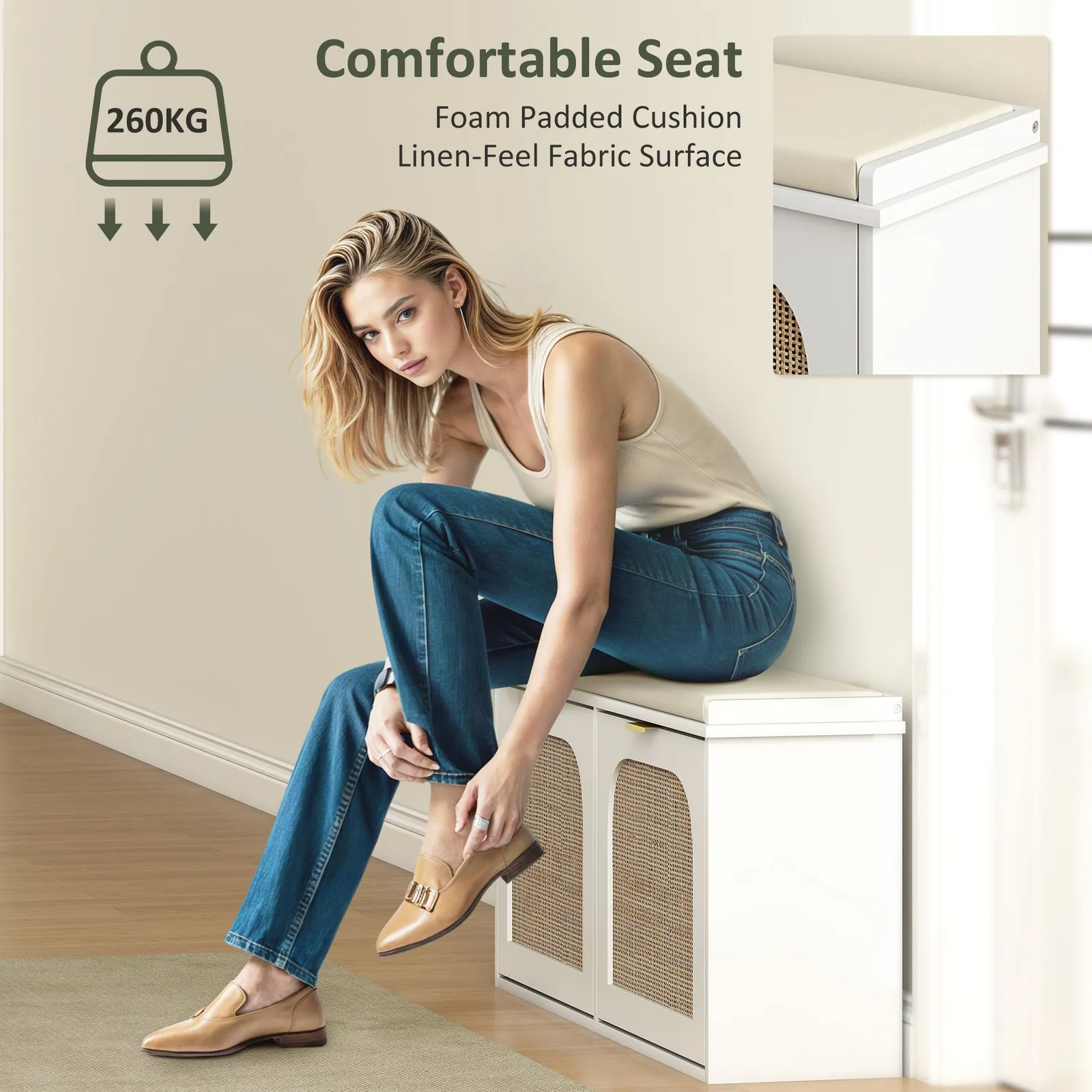 HOMCOM Boho Shoe Bench with Padded Seat & 2 Flip-Drawers in White 5