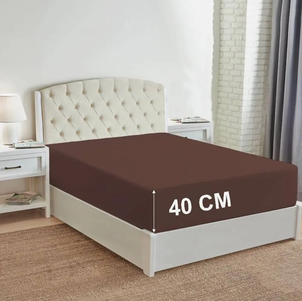 Homes-Linen 180 Thread Count 16"/40cm Extra Deep Non Iron Fitted Sheet in Chocolate