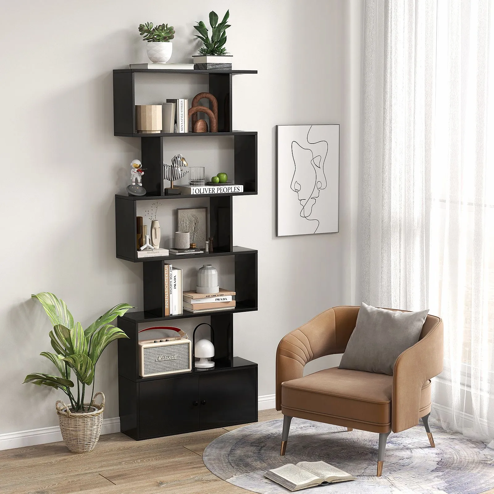 Costway 5-tier S-Shaped Bookcase Industrial Display Rack with Cabinet Wooden Bookshelf in Black 3