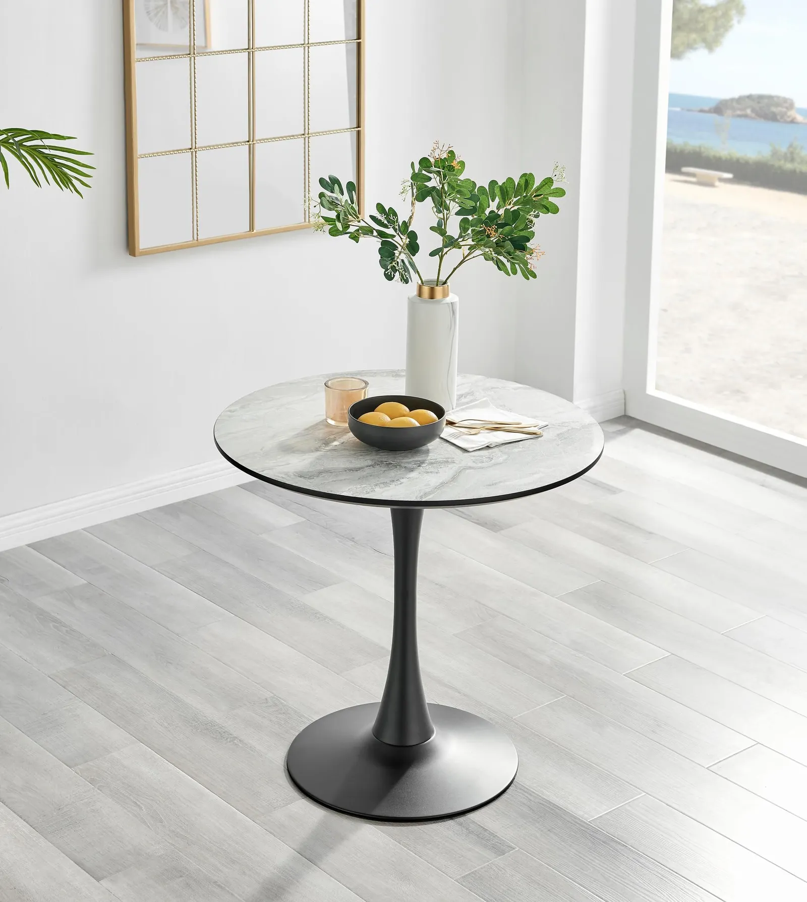 FurnitureboxUK Elina White Marble Effect Scratch Resistant Dining Table & 2 Murano Faux Leather Chairs in Black 2
