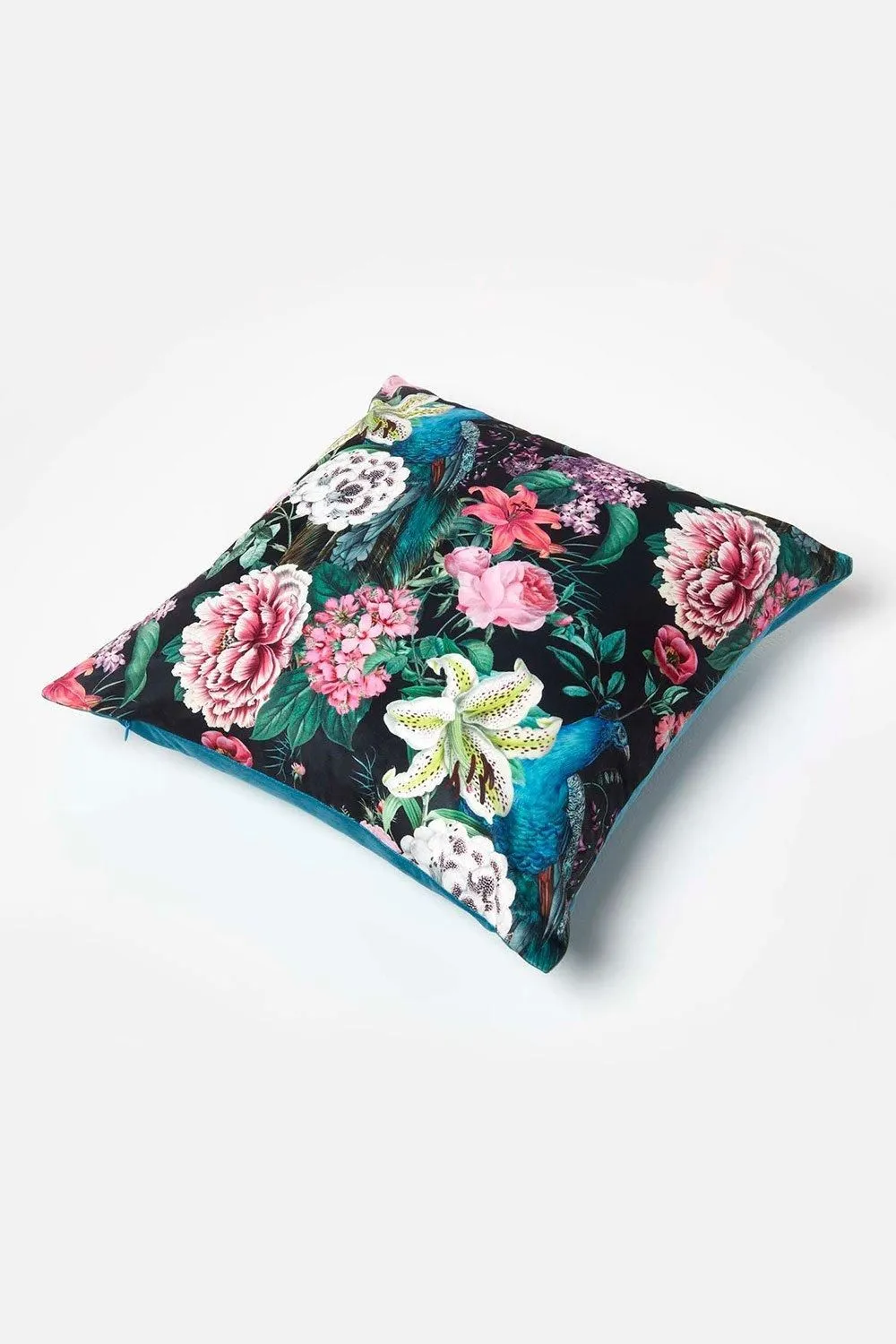 Homescapes Floral Peacock Black & Teal Filled Velvet Cushion 46 x 46 cm 5